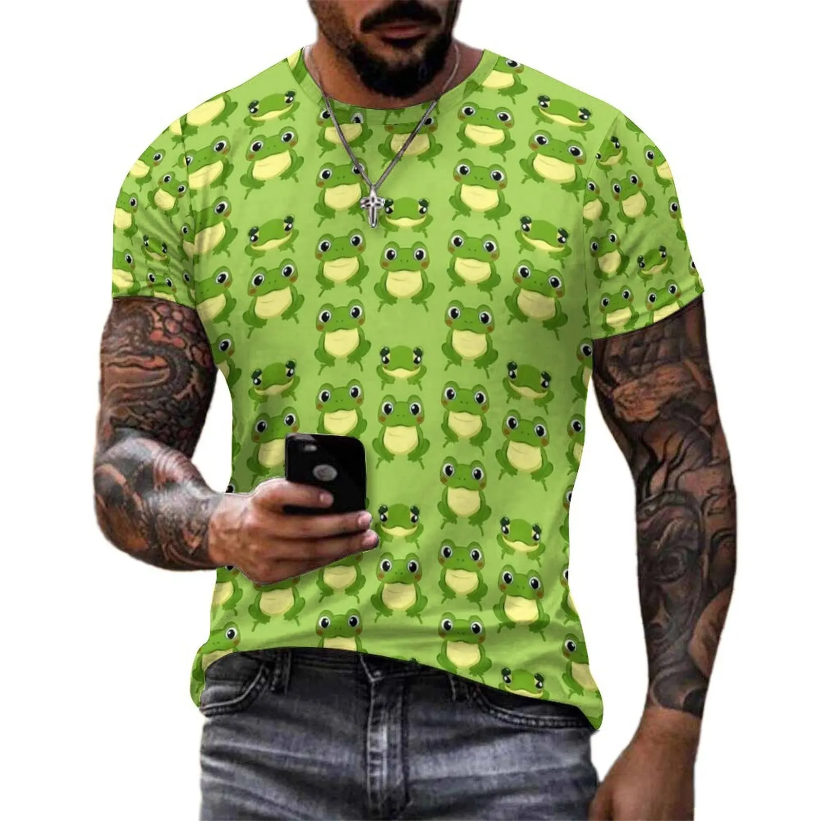 Adorable Cartoon Frogs Print T-Shirt  Mens Retro T-Shirts Custom Tee Shirt Short Sleeve Y2K Casual Oversized Clothing Present