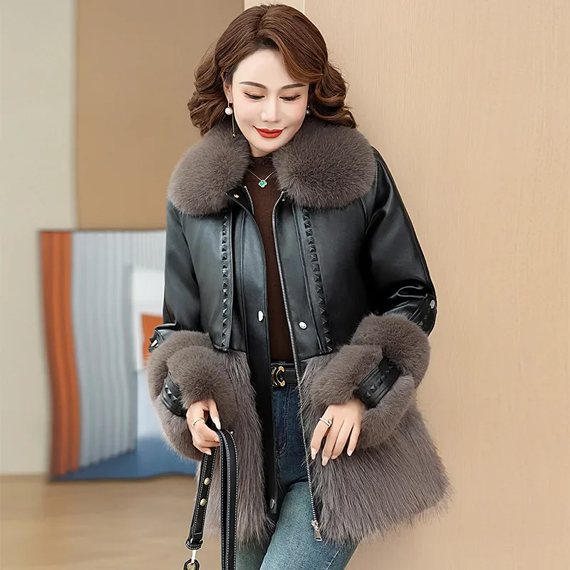 Thicke Warm Parka Loose Stitching Plus Size 5XL Leather Short Cotton Jacket Autumn Winter New PU Leather Jacket Women's Overcoat