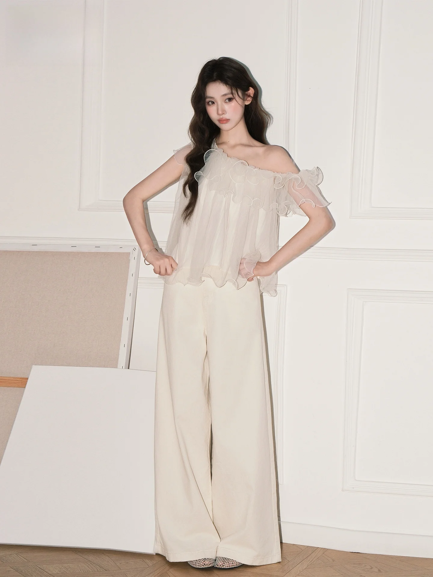 

High Waist Draped American Style Women's Jeans off White Summer Loose Slimming Wide Leg Floor Length Pants Casual Wear