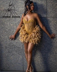 Gold Beaded Short Prom Dress For Black Girls Birthday Party Dresses Feathers Mermaid Mini Cocktail Homecoming Customized