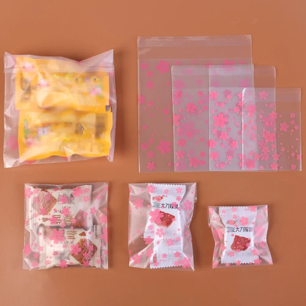 100PCS Translucent Plastic Bags Multi Size Self Adhesive Gift Bag Sakura Candy Cookie Snack Bags Wedding Birthday Party Supplies