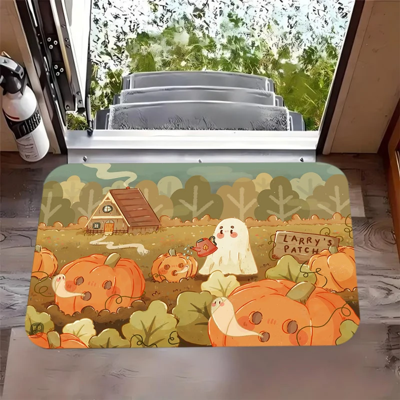 Cute Ghost Watering Pumpkin Patch Cottage Garden Autumn Entrance Mat Non-Slip Doormat for Front Door Porch Whimsy