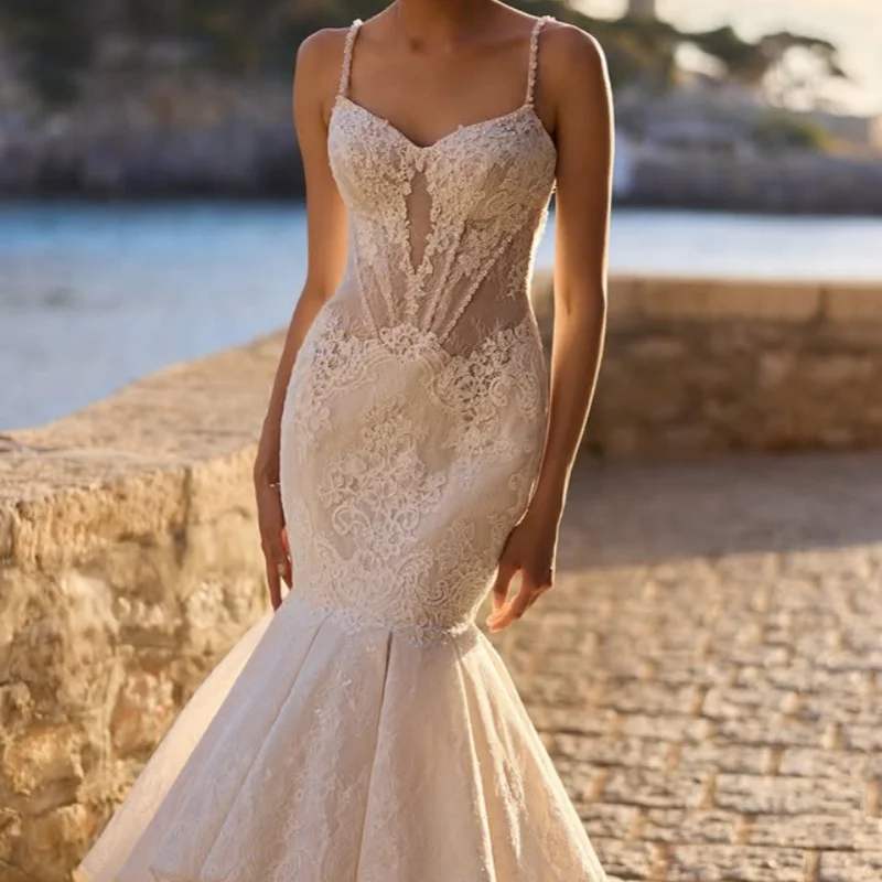

Shiny simple ivory white flower Appliques Lace layering Wedding Dresses of fishtail off-shoulder Bridal Gowns Made Customized