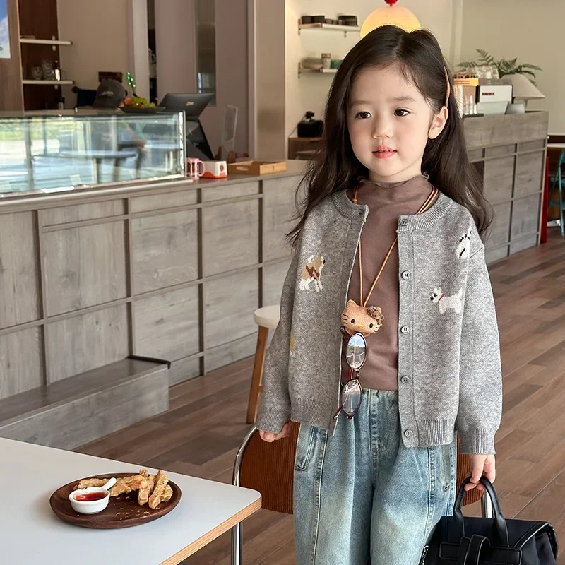 Girls Suit 2024 Autumn New Products Korean Puppy Knitted Cardigan Solid Color Base Layer Jeans Child Interest  4-6Y