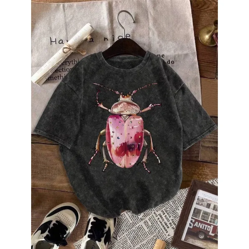 Pink Gemstone Beetle T-Shirt Gothic Insect Art Streetwear Short Sleeve Cottagecore Entomology Aesthetic Casual Top for Men Women