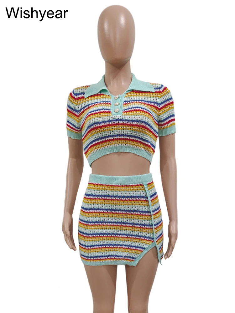 Knitted Stripe Two 2 Piece Dress Set Women Short Sleeve Crop Top and Mini Split Skirts Outfit Sexy Night Clubwear Suit Birthday