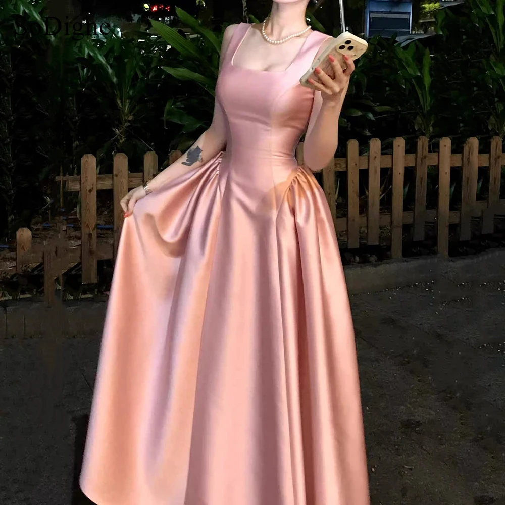 SoDigne Elegant Pink Satin Evening Dresses Square Collar Sleeveless Party Dress Simple Draped A-Line Prom Gowns Customized