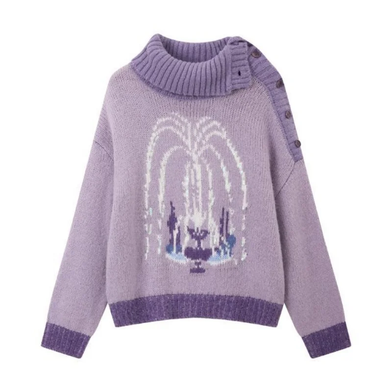 Suéter con patrón de fuente púrpura para mujer, moda coreana, Jersey de punto empalmado con botones, ropa informal Y2k, novedad de Otoño Invierno 2025
