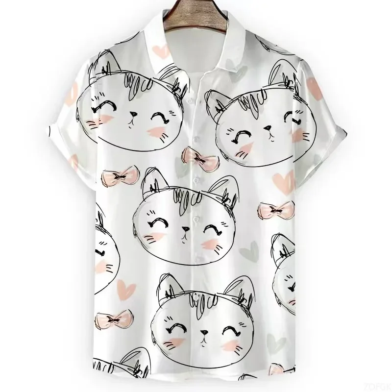 

3D Printed Summer Fashion Casual Hawaiian Cartoon Anime Cat Men's Vintage Loose Fit Classic Shirt Office Wear Breathable Cool