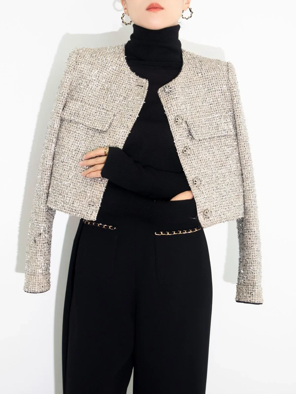 Temperament Socialite Silver Sequined Weave Short Coats Autumn Winter O-neck Long Sleeve Tweed Jackets Coats Tops Women Jacket