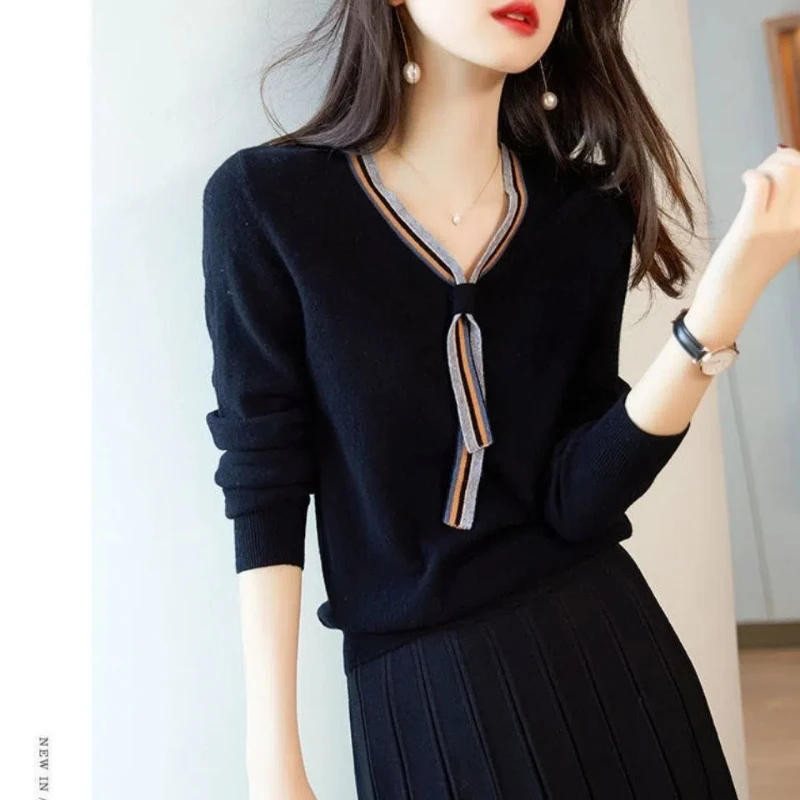 Spring Autumn New Fashion V-neck Long Sleeve Solid Color Pullovers Women\'s Clothing Thin Ribbon Korean Knitting Temperament Tops