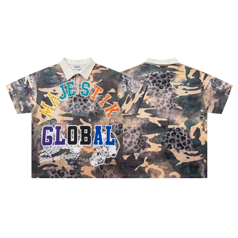 American Street Camo Leopard Print Half Zip Polo Shirts Rivet Letter Oversized Collar Majestik Short Sleeve Tees