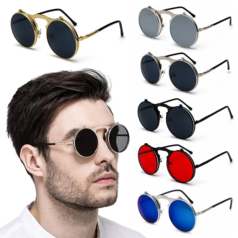 نظارات دائرية للرجال والنساء بإطار معدني، نظارات شمسية دائرية قابلة للطي، نظارات شمسية Steampunk