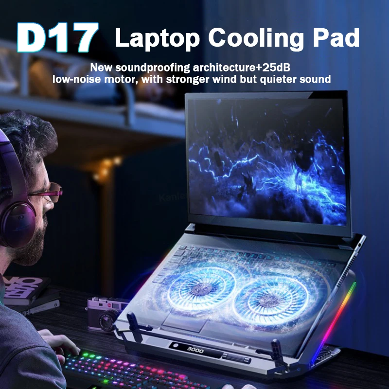 

D17 Gaming Laptop Cooler W/ RGB Light HD Display Laptop Cooling Pad 5 Angle Adjustable Notebook Cooler Stand for 15-21''Computer
