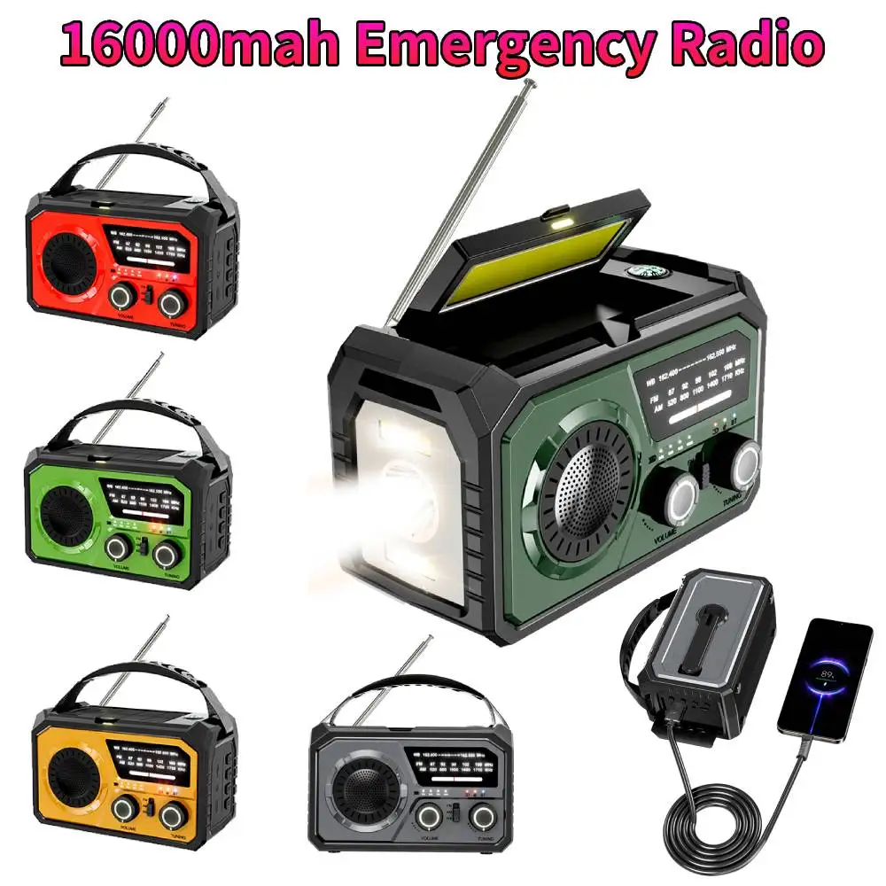 16000mah Emergency Radio AM/FM Portable Radio Hand Crank Radio BT LED Flashlight Power Bank SOS Alarm Emergency Weather Radio