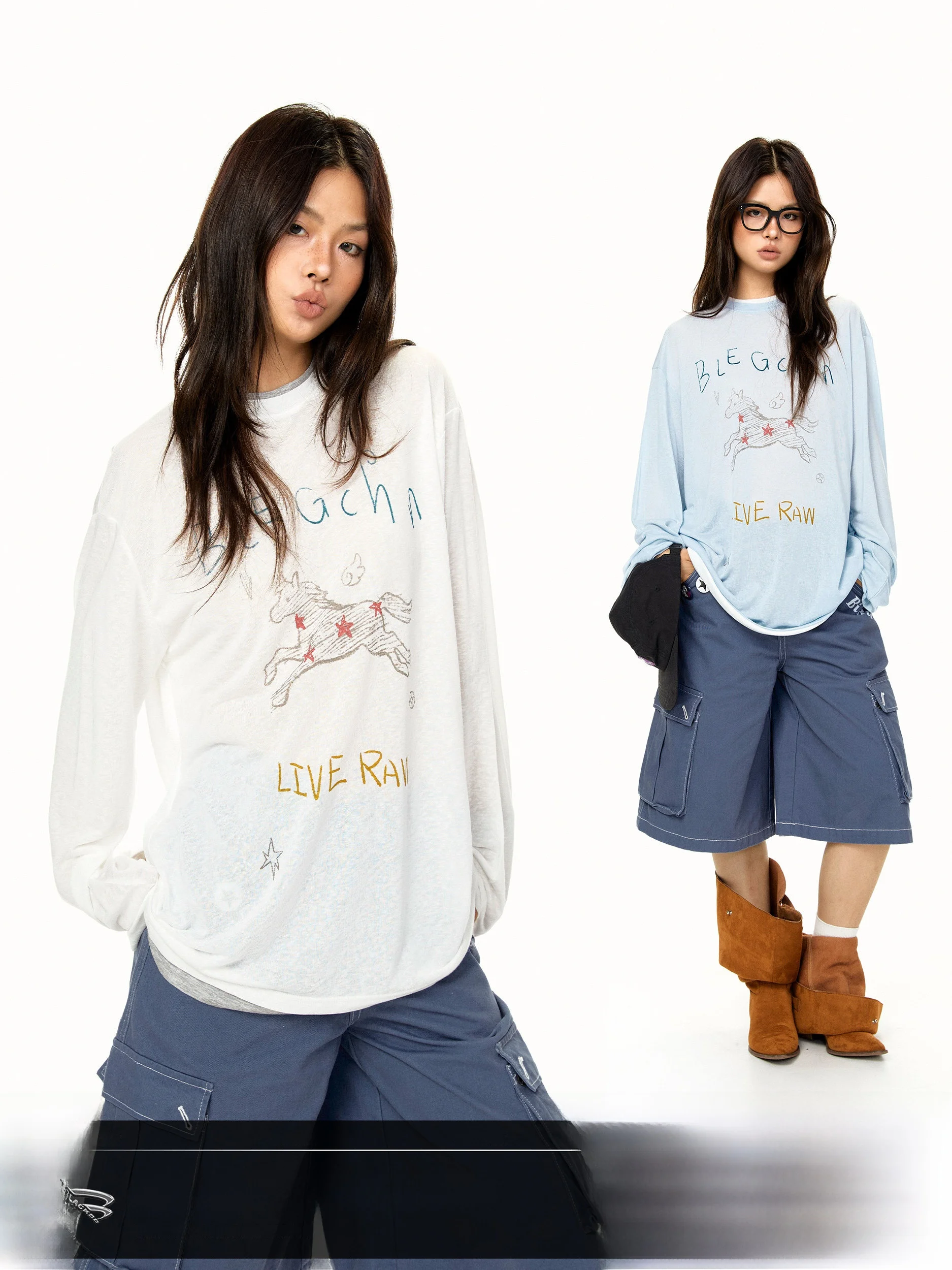 Loose Fit Long Sleeve T-Shirt Hand-Drawn Cartoon Print Casual Loose Cover up Sun Protection Top Women's Fashion Korean Style