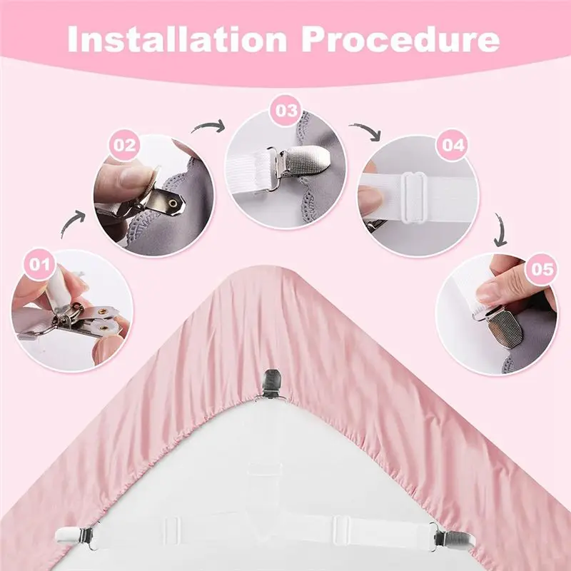 AA94-Bed Sheet Straps Set With Metal Clips Sheet Holders For Corners To Hold Sheets In Place