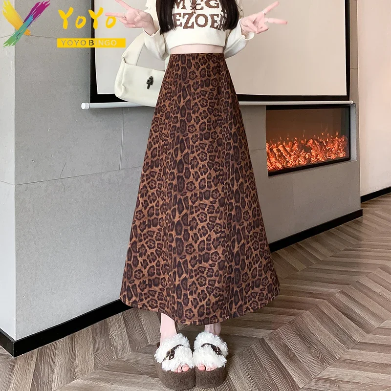 Elegant Retro Leopard Print High Waist Thickened Skirt Autumn/winter 2024 Fashion Temperament Chic A-shaped Ankle Skirt