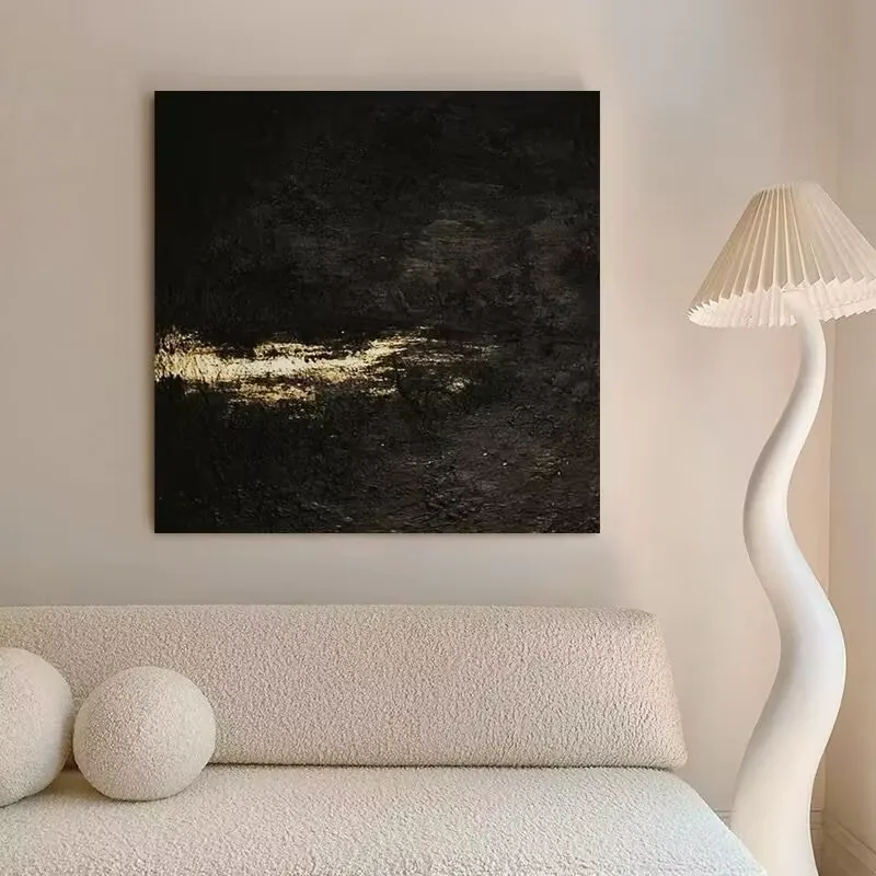 Hand Drawn Canvas Oil Painting, Black Textured Hanging Painting, Gold-Plating, Living Room，Restaurant,Sofa Background Wall Decor