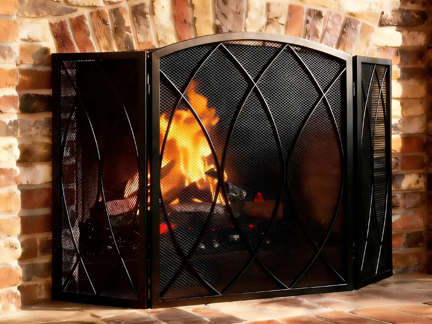 

3 Panel Fireplace Screen 48" W x 29.5" H Modern Foldable with Wrought Metal Decorative Mesh,Arch Heavy Duty Fire Spark Guard