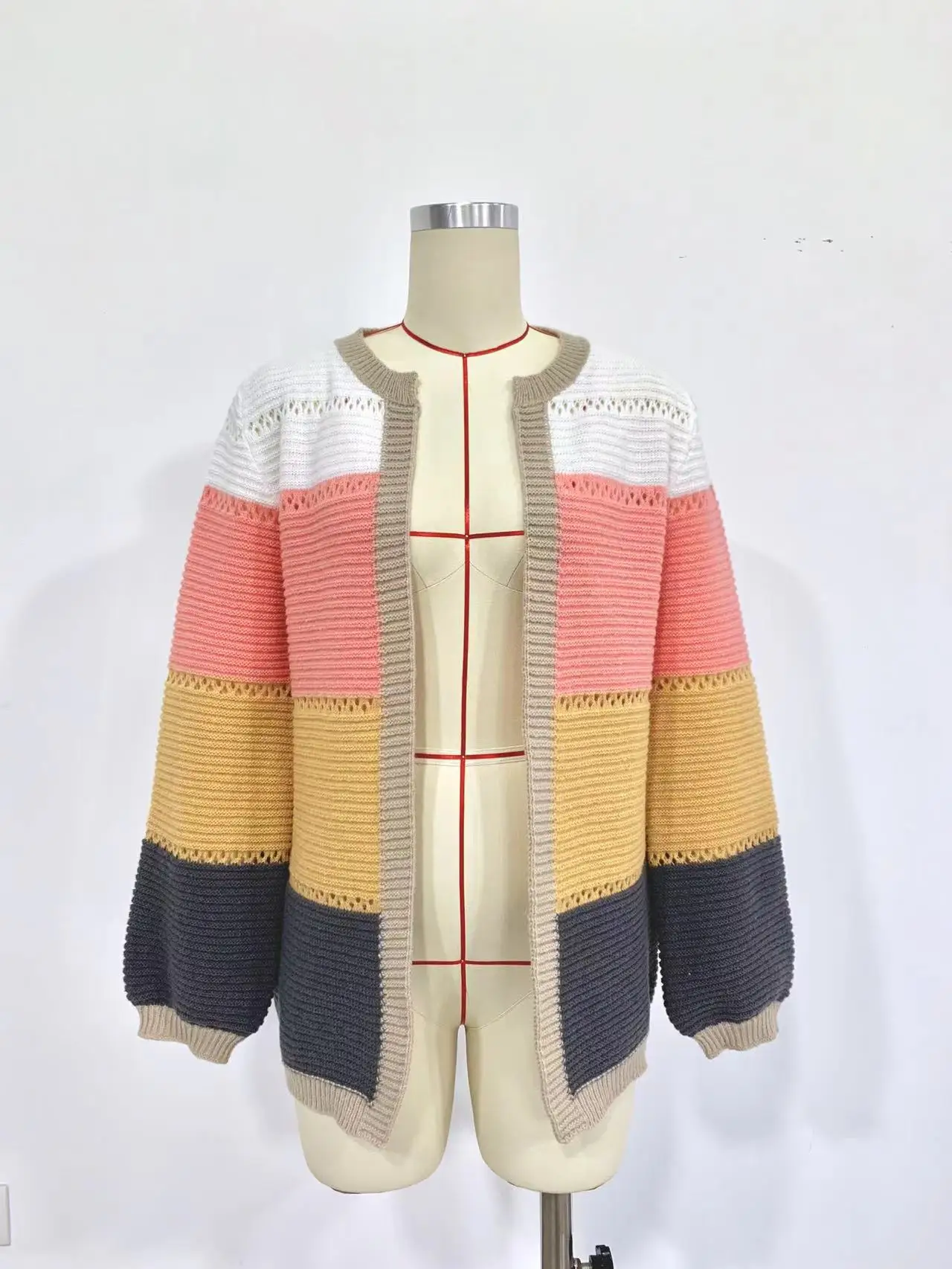 Color blocking cardigan sweater temperament color matching loose knit sweater women\'s long sleeved loose sweater cardigan jacket