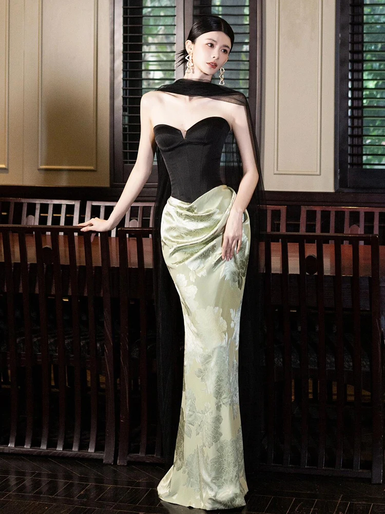 

Роскошное китайское свадебное платье для невесты с открытыми плечами, фасон «рыбий хвост», длинное, для помолвки, для женщин