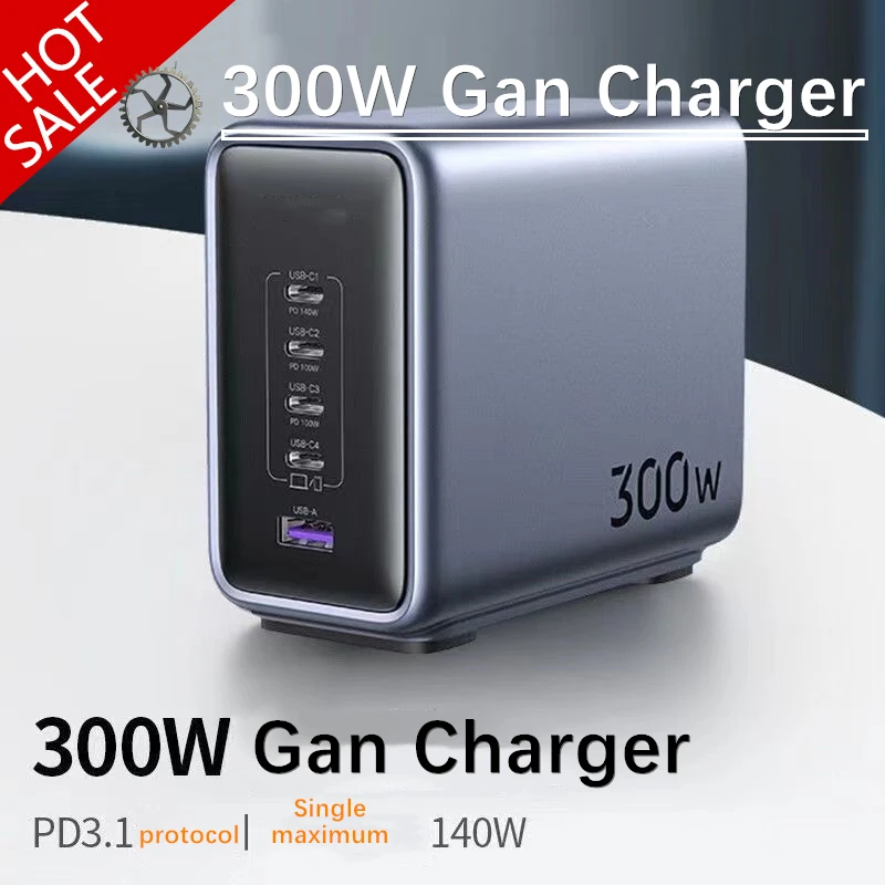 300W GaN Charger Desktop Charging Station USB Charger 140W Max Single Port PD3.1 Fast Charger for MacBook Pro iPad iPhone