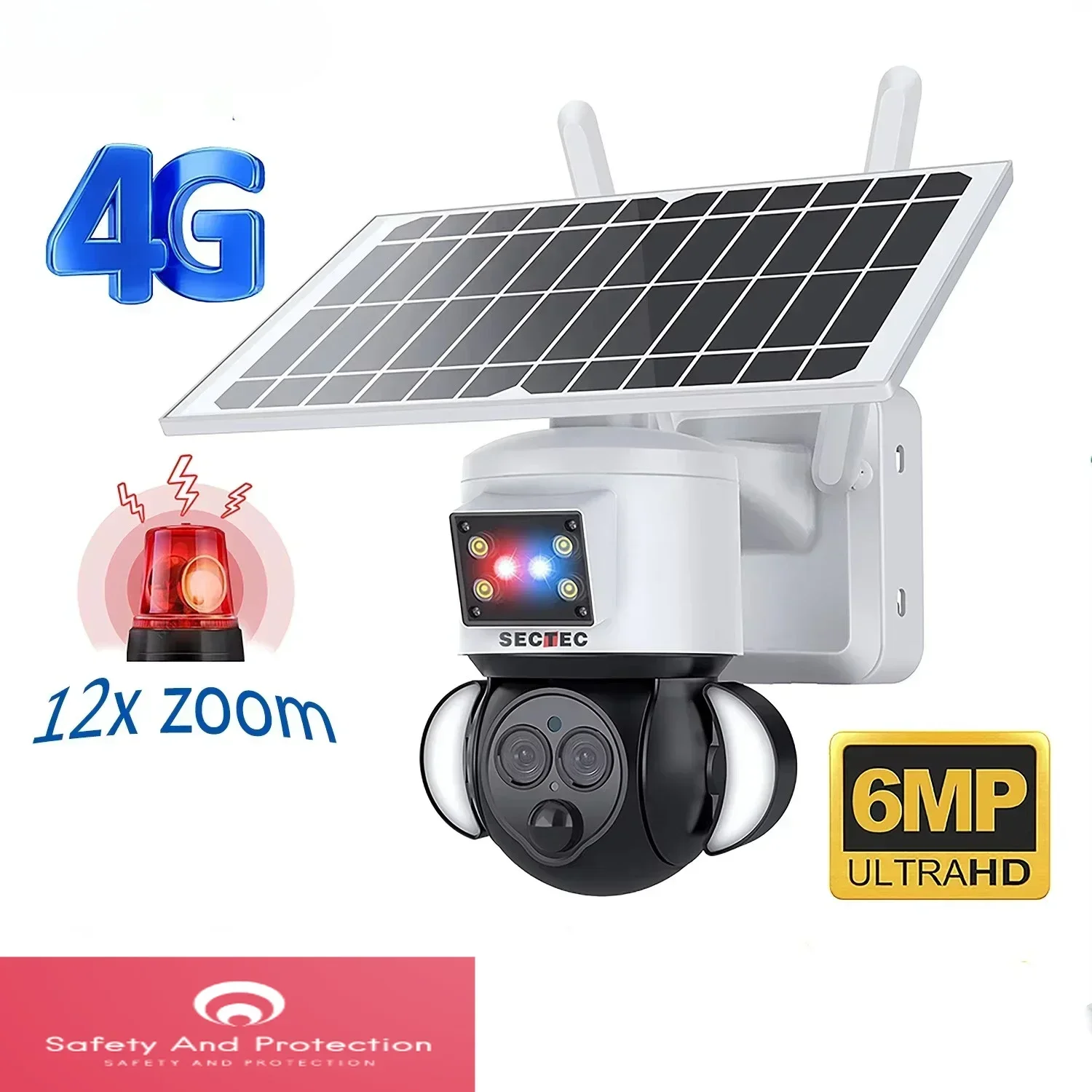 SECTEC Solar Camera 12X Zoom High Quality HD 6MP Outdoor Waterproof 4G Network CCTV System Support Night Vision And Human Detect