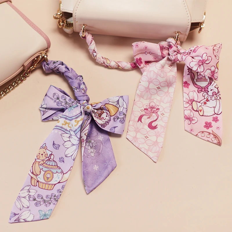 

Purple Cute Long Silk Scarf Bag Handle with French Tie Bag Silk Scarf