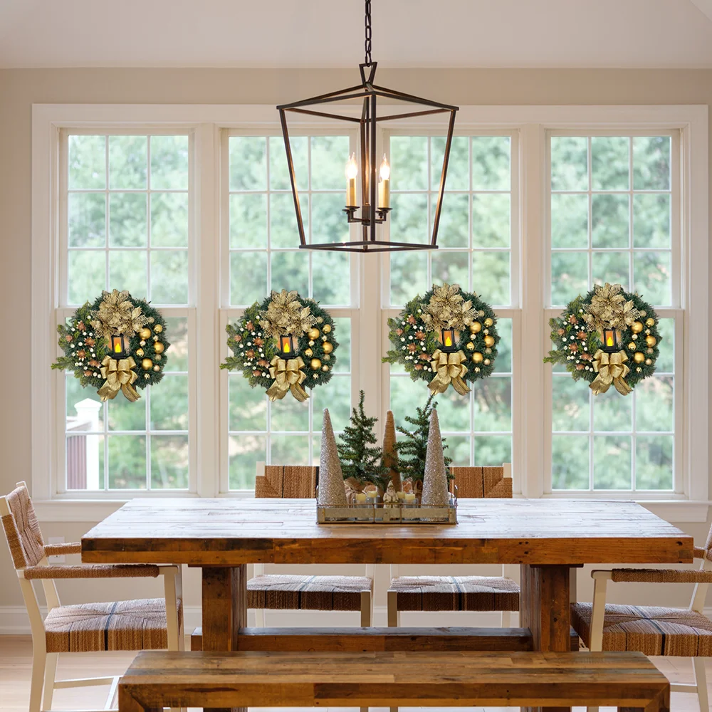 

35 см Рождественское украшение Золотой венок с лампой для входной двери Красный шар Цветочная гирлянда Рождественский орнамент Окно Настенный декор