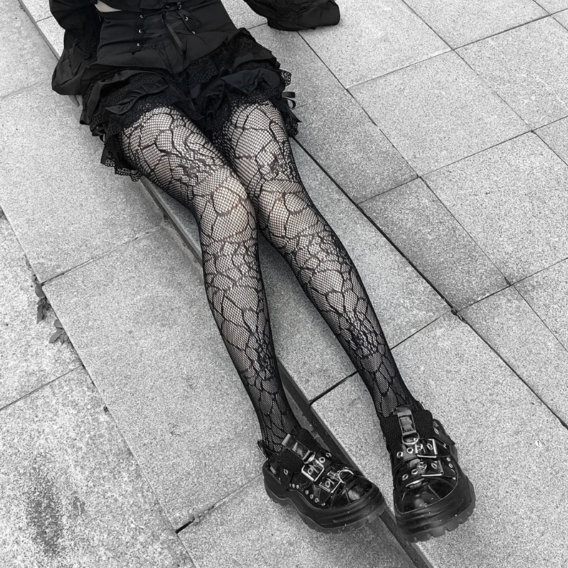 Gothic Punk Women Black Mesh Fishnet Pantyhose Spider Web Patterned Tights Stockings Lingerie Halloween Fancy Dress Costume