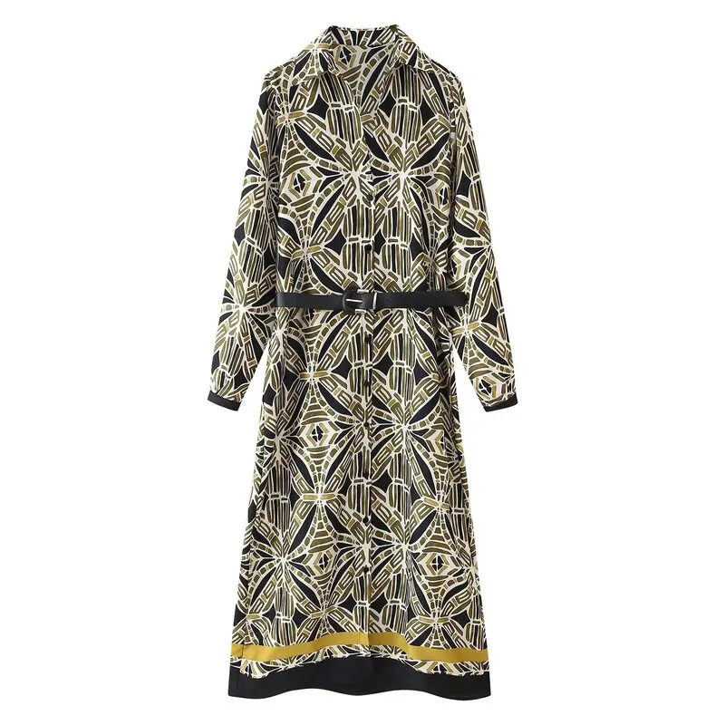 Primavera 2025 Nuovo arrivo Midi Dr da donna con cintura Stampa floreale V-Ne Long Sve Commute Sle Pezzo unico Altro Materia...