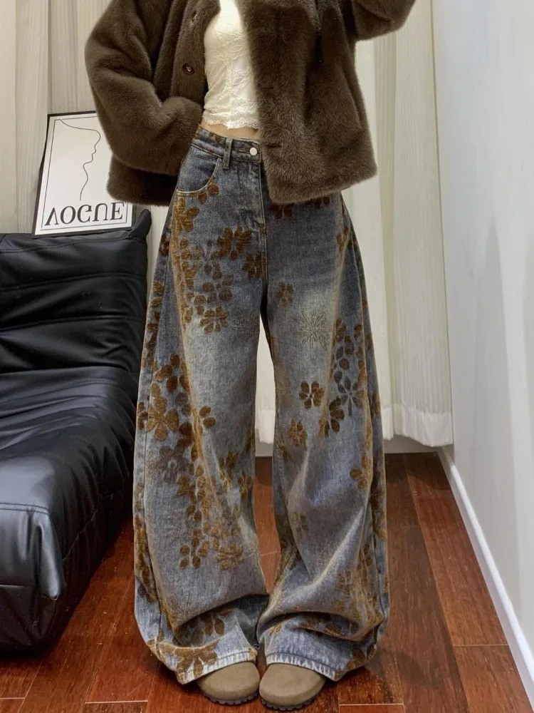 Women's Vintage Floral Print Pattern Wide Leg Retro Jeans Casual Style Bottoms Denim Pants Female High Waist Street Trousers