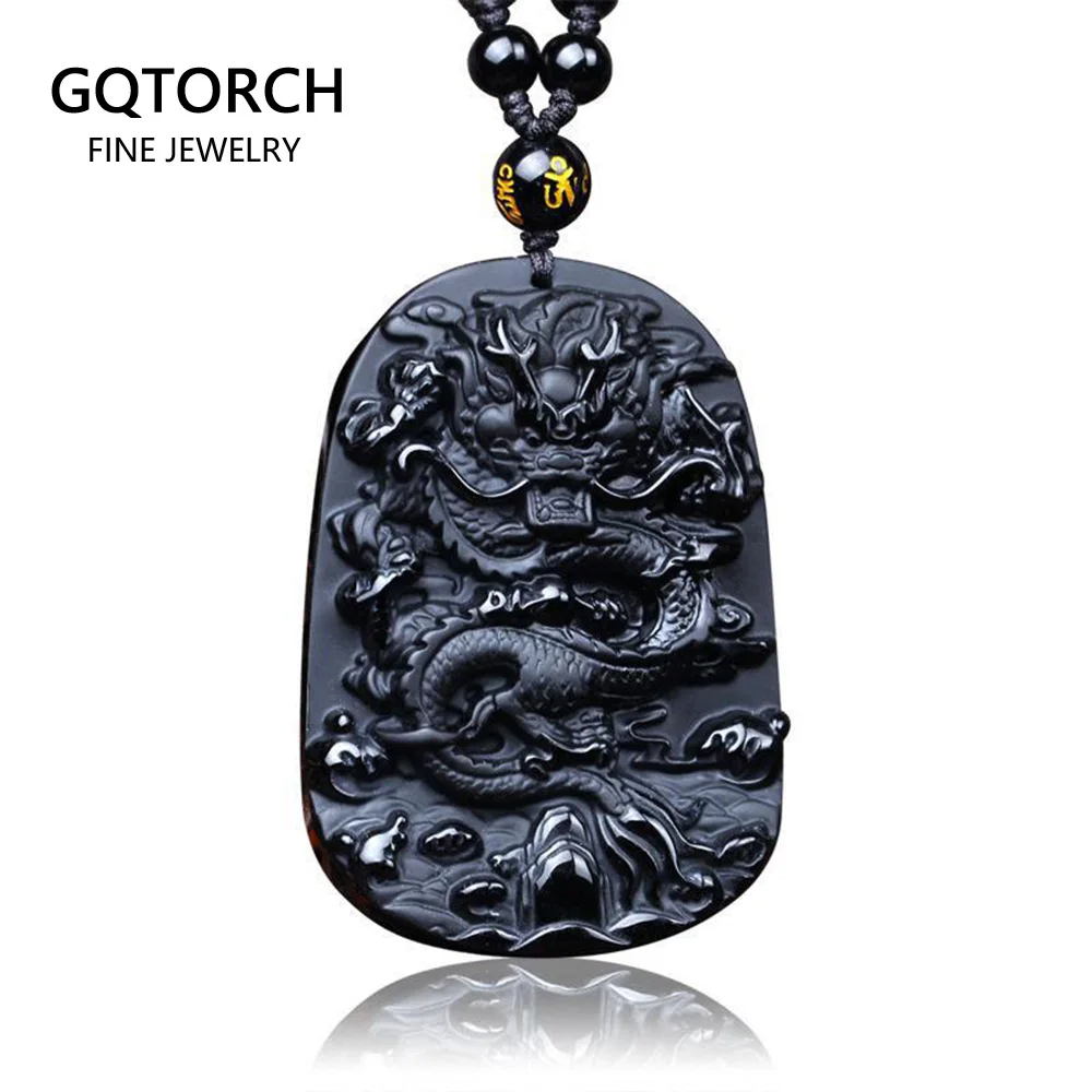 Black Obsidian Carved Dragon Lucky Amulets And Talismans Natural Stone Pendant With Free Beads Chain For Men Jewelry