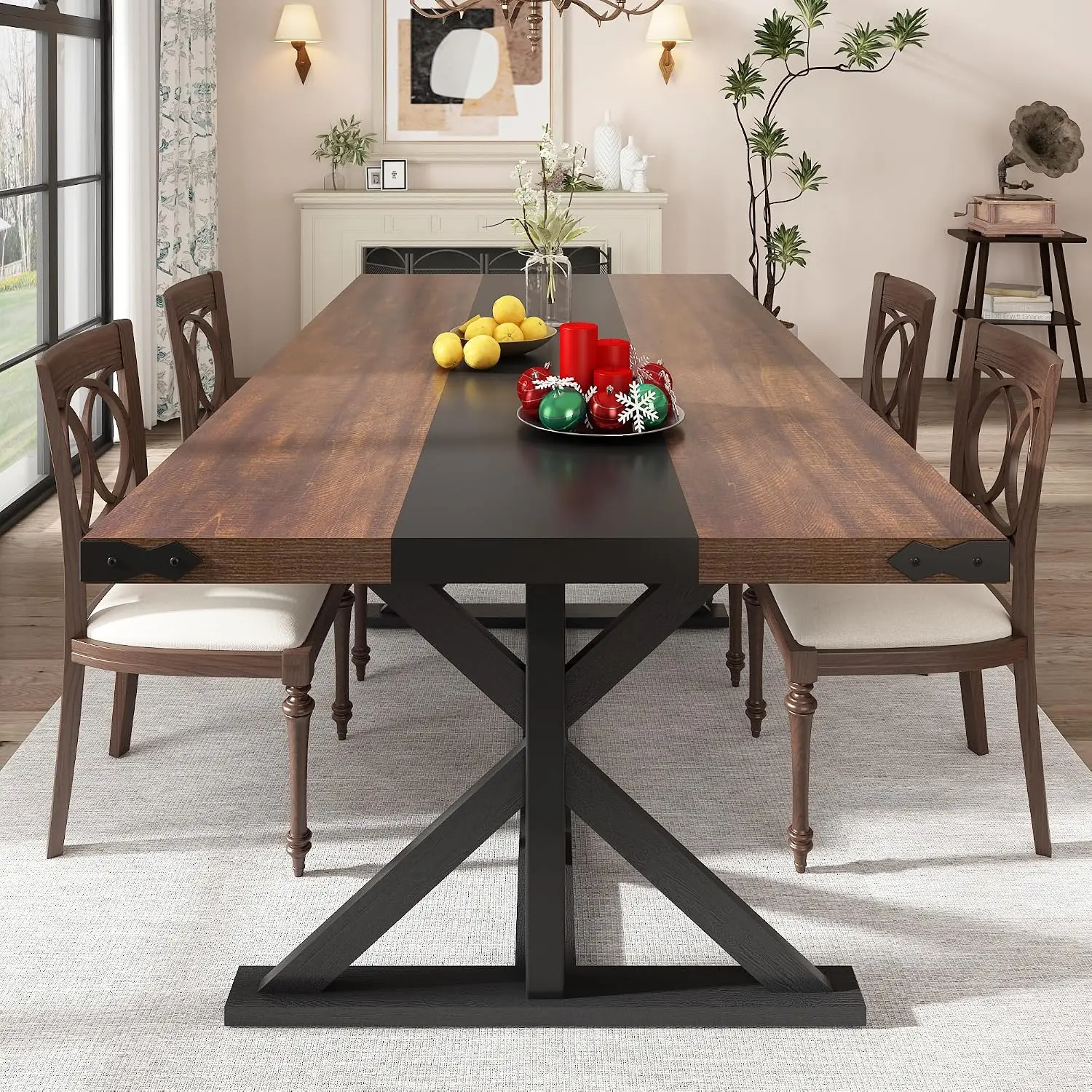 71 Inch Rectangular Dining Table for 6, Waterproof Wood Top with Strip Base for Kitchen Living Room, Brown & Black, Customized