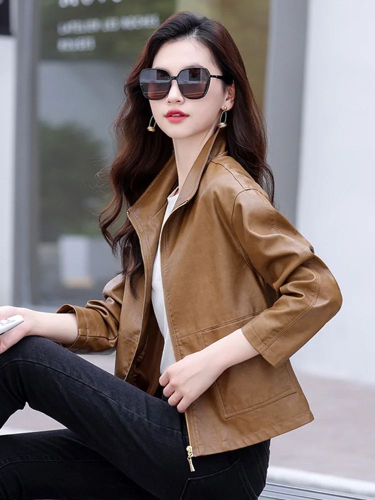 New Women Short Leather Jacket Spring Autumn Fashion Stand Collar Zipper Fly Casual Loose Black Coat Split Leather Outerwear