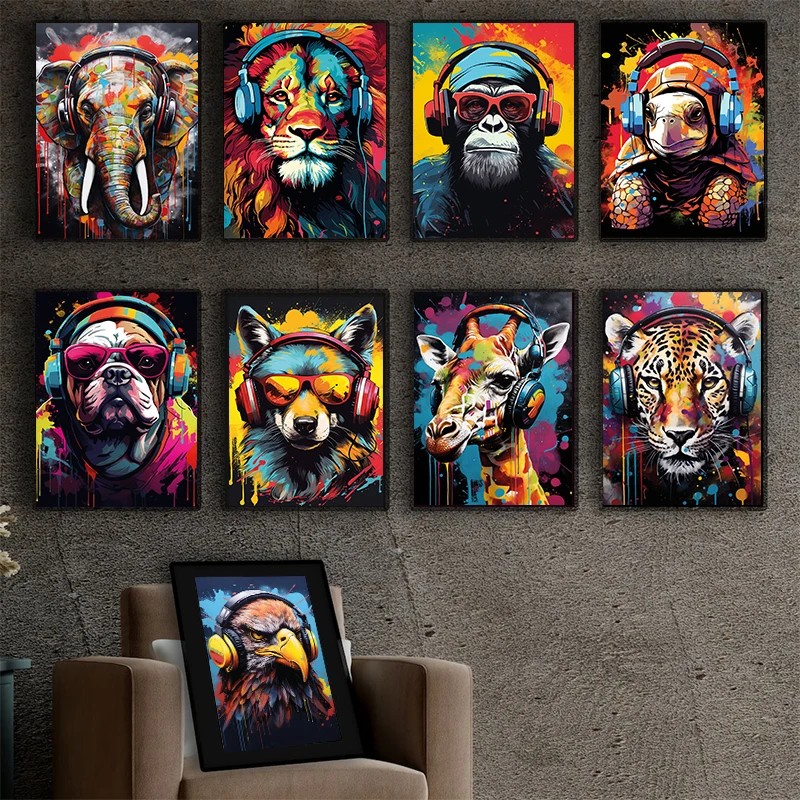 Graffiti Animal Monkey Dog Headphone Gaming Posters Prints Canvas Painting Wall Art Picture for Teen Room Gamer Gift Game Decor