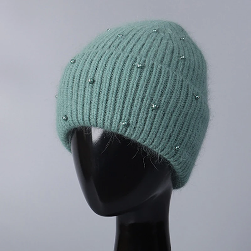 

Hat Pearls Women Winter Angora Wool Knit Beanie Cap Warm Accessory For Skiing Sports Autumn Outdoor