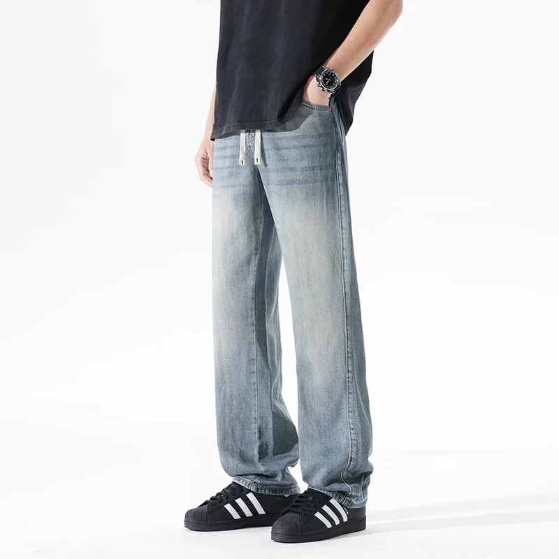 

65% Lyocell 2026 Spring Summer American Retro Washed Denim Jeans for Men Casual Regular Straight-Leg Lounge Pants Plus Size 40
