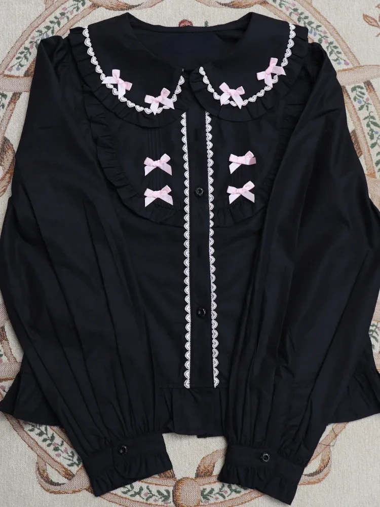 

Japanese Kawaii Girl Lolita Long Sleeve Shirt Y2k Aesthetic Ruffled Patchwork Blouse Women Grunge Bow Sweet Cute Tops