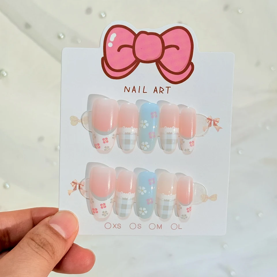 120pcs uñas postizas kawaii francesas con cuadros y lunares, ovaladas medianas, puntas press-on con flores de primavera y cerezas 4