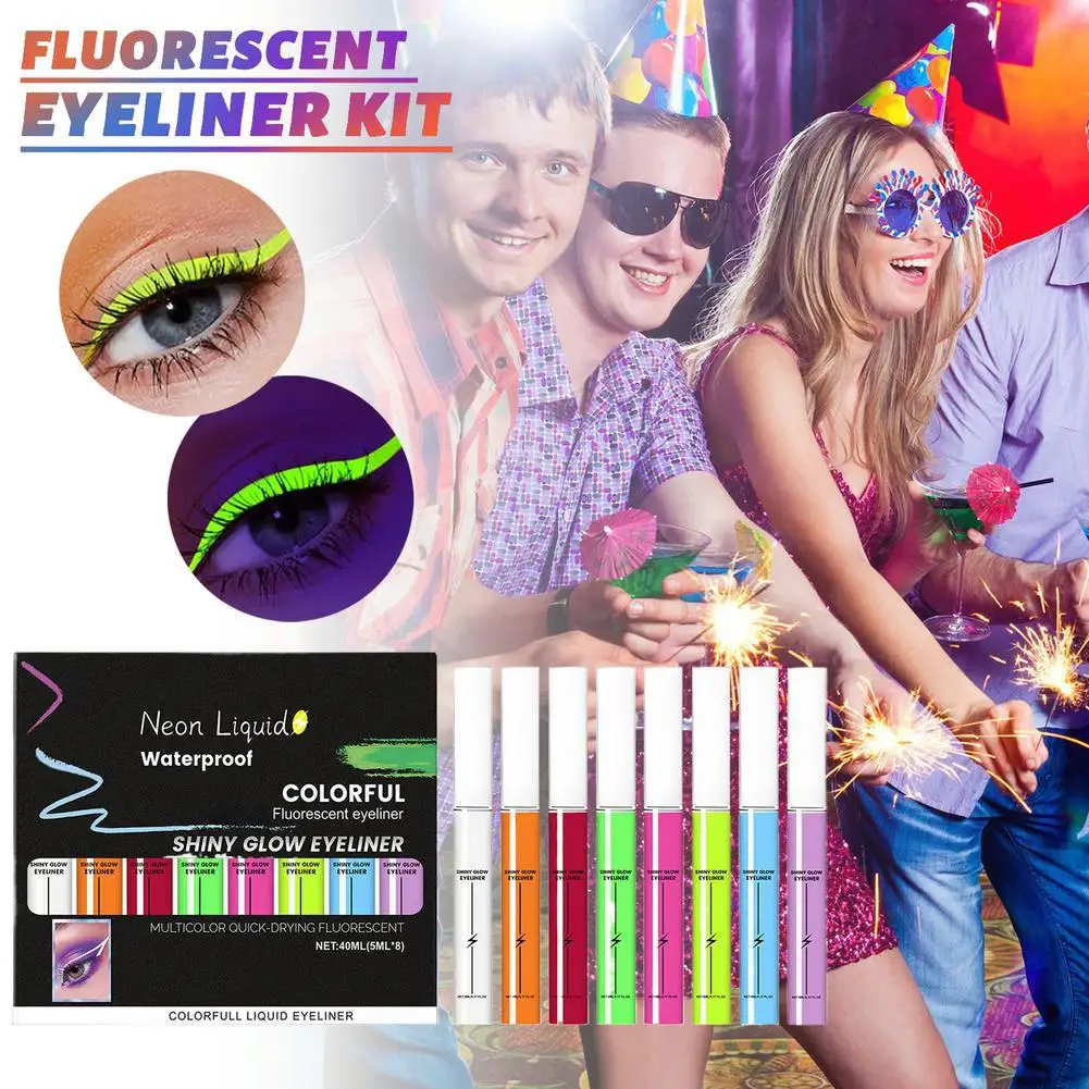 8 ألوان النيون كحل مجموعة أقلام الأشعة فوق البنفسجية ضوء الباستيل الباستيل-أسود ضوء ماكياج العين مقاوم للماء السائل كحل مجموعة أقلام رصاص مستحضرات التجميل
