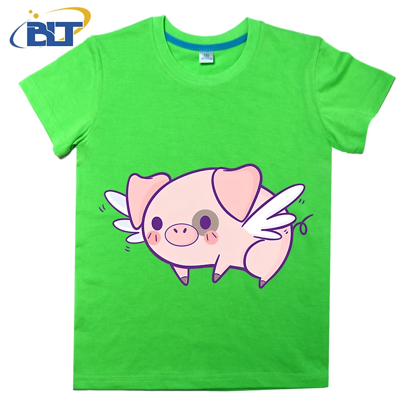 Flying Piggy Printed Kids Shirt Summer Cotton Short Sleeve Casual Tops Suitable for Boys and Girls