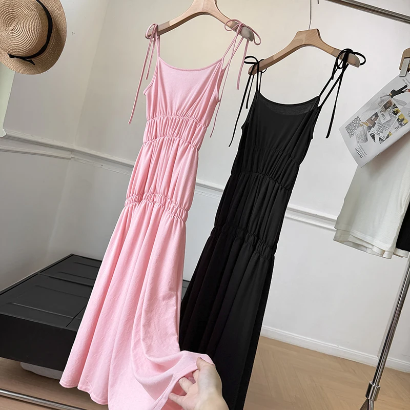 

Nordic Style Gathered Waist Long Midi Dress Women's Summer Sleeveless Cotton Polyester Blend round Neckline Casual Gown