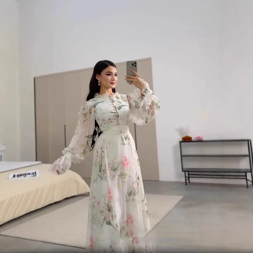 

Новинка весны 2025 года, платье с цветочным принтом и принтом тай-дай, модный повседневный кафтан, корейский шелковый женский халат 2024, летнее платье, халат, женское вечерние платье