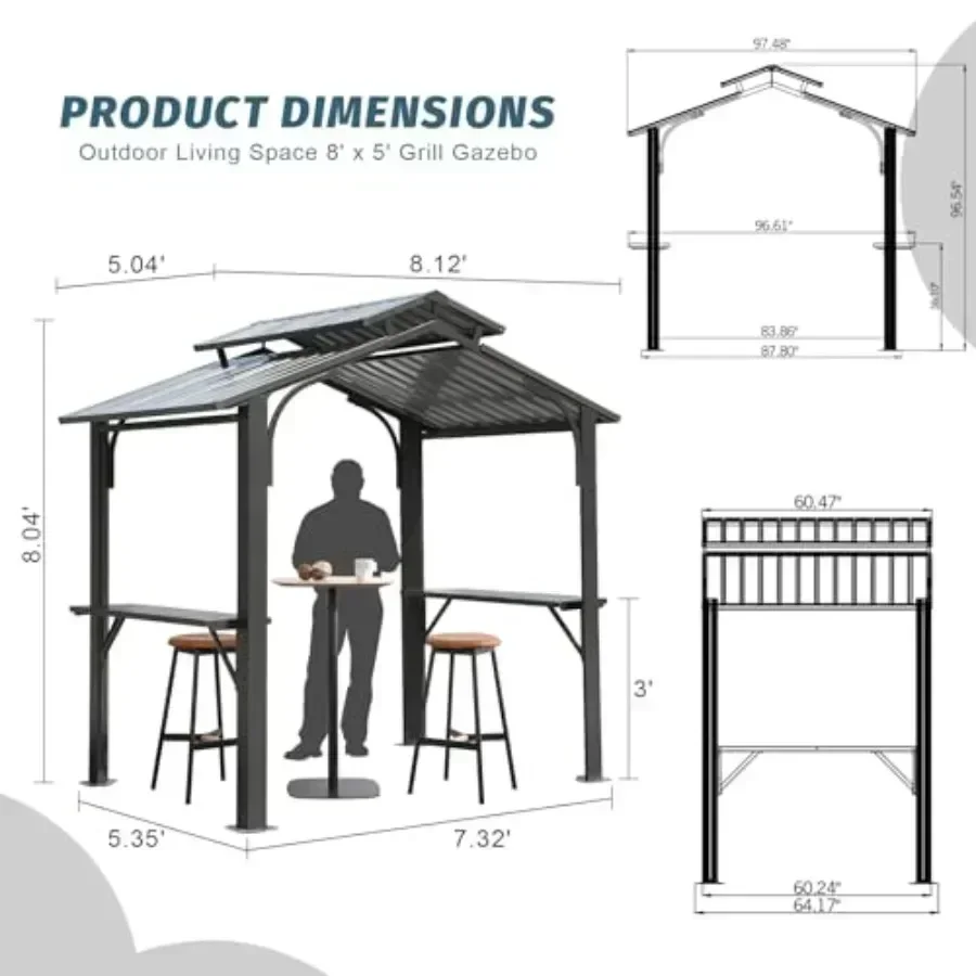 Domi 8x5 Grill Gazebo Hardtop, Metal BBQ Gazebo for Outdoor Grill, Grey view 2