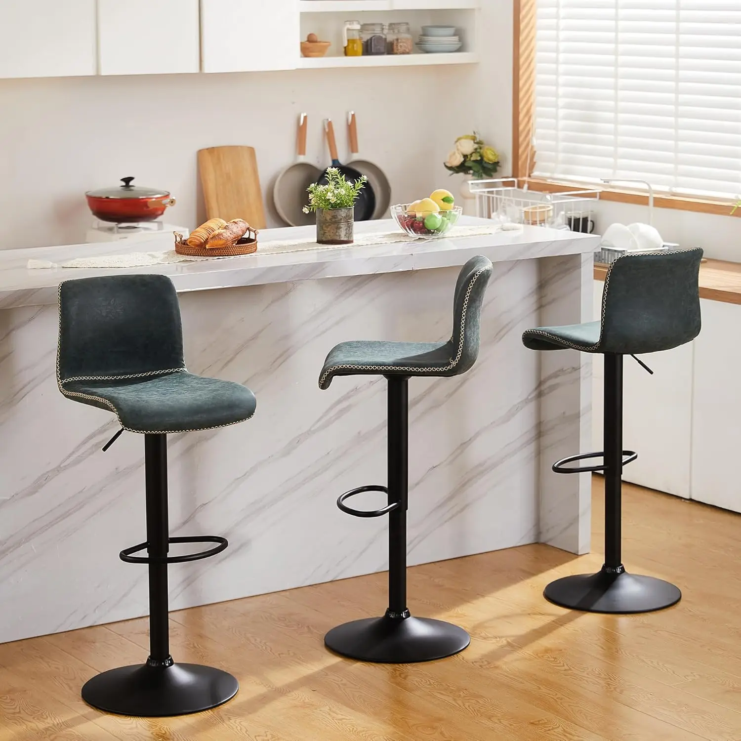 HeuGah Swivel Bar Stools Set of 3, Counter Height Bar Stools with Back, Adjustable Bar Stools 24" to 32", Deep Teal Faux Leather