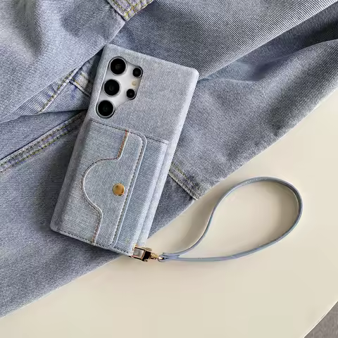 Luxury Leather Case For Samsung Galaxy S24 S23 S22 S21 S20 Plus Note 20 Ultra Denim Pattern Lanyard mirror Wallet Cover