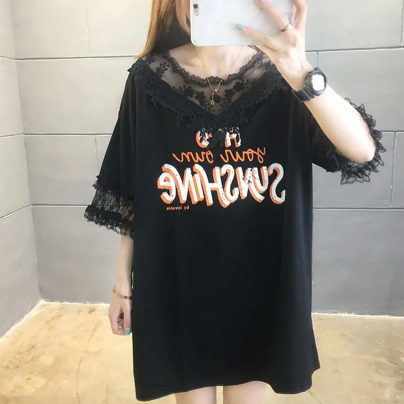 Casual Lace Spliced Loose T-shirt Hollow Out Female Clothing Korean Fashion Letter Printed Summer O-Neck Short Sleeve Pullovers