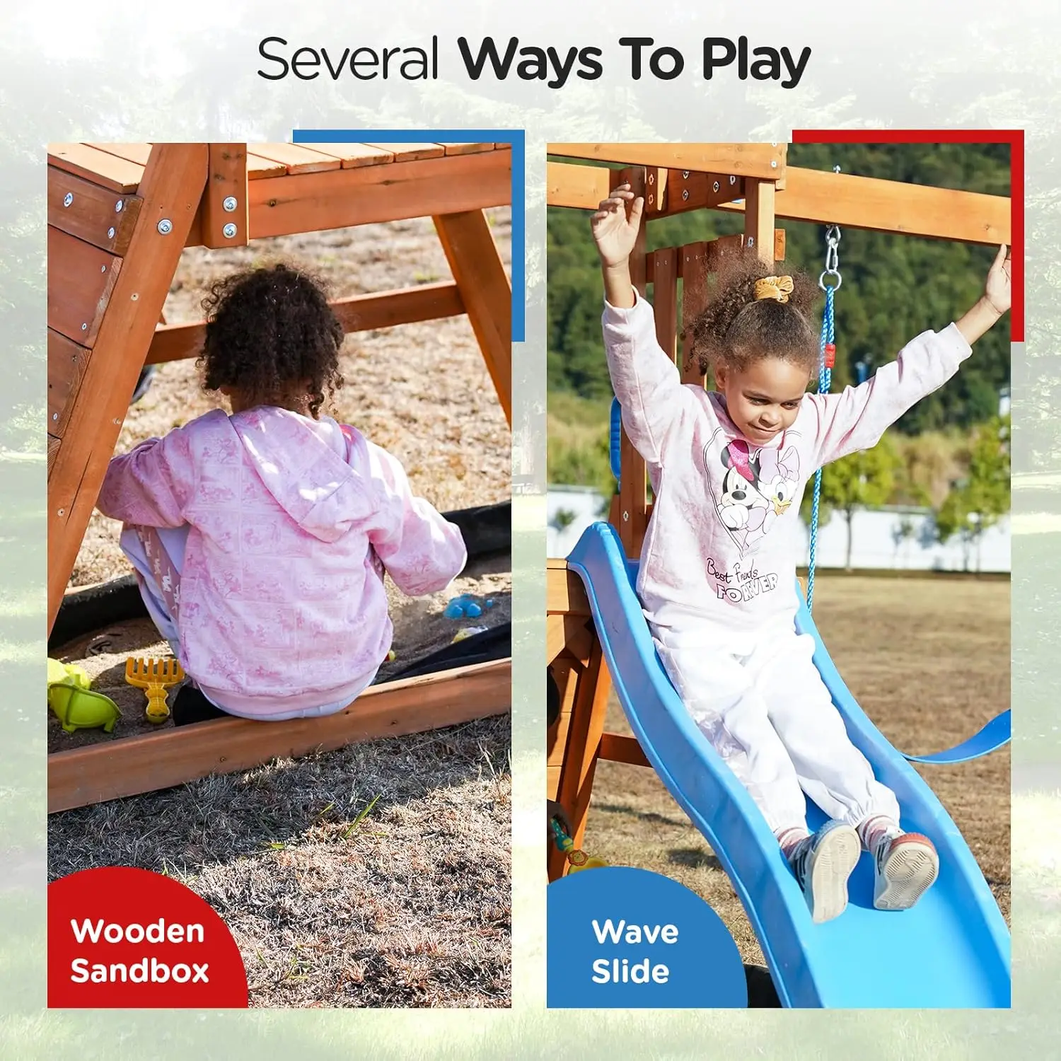 Balançoires en bois pour jardin avec toboggan de 6 pieds, ensemble de jeu extérieur pour enfants avec fosse à sable, mur d'escalade et 2 balançoires à ceinture, lourd D